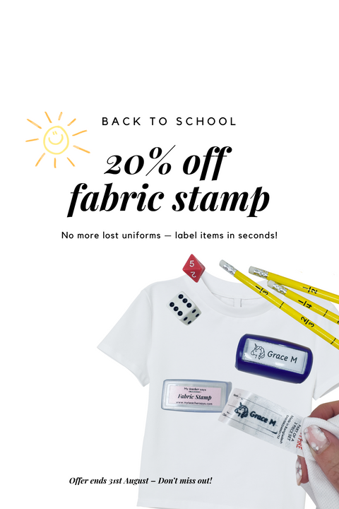 Promotional image for fabric stamp with a white t-shirt and stamping tools on a white background.