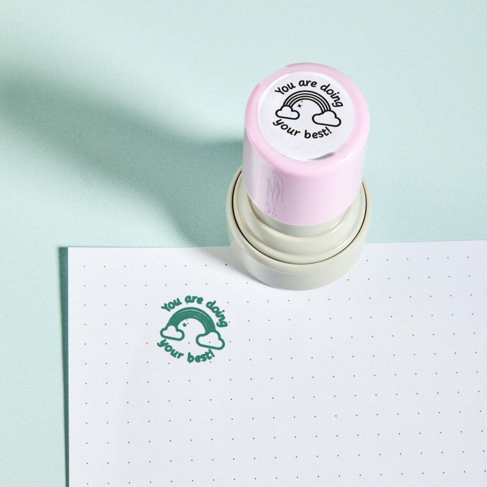 Rainbow Stamp — the teacher marking stamp shown with its green ink impression on dotted paper. My Teacher Says, handmade in Scotland.