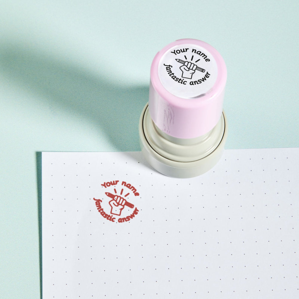 Fantastic Answer Stamp — the teacher marking stamp shown with its red ink impression on dotted paper. My Teacher Says, handmade in Scotland.