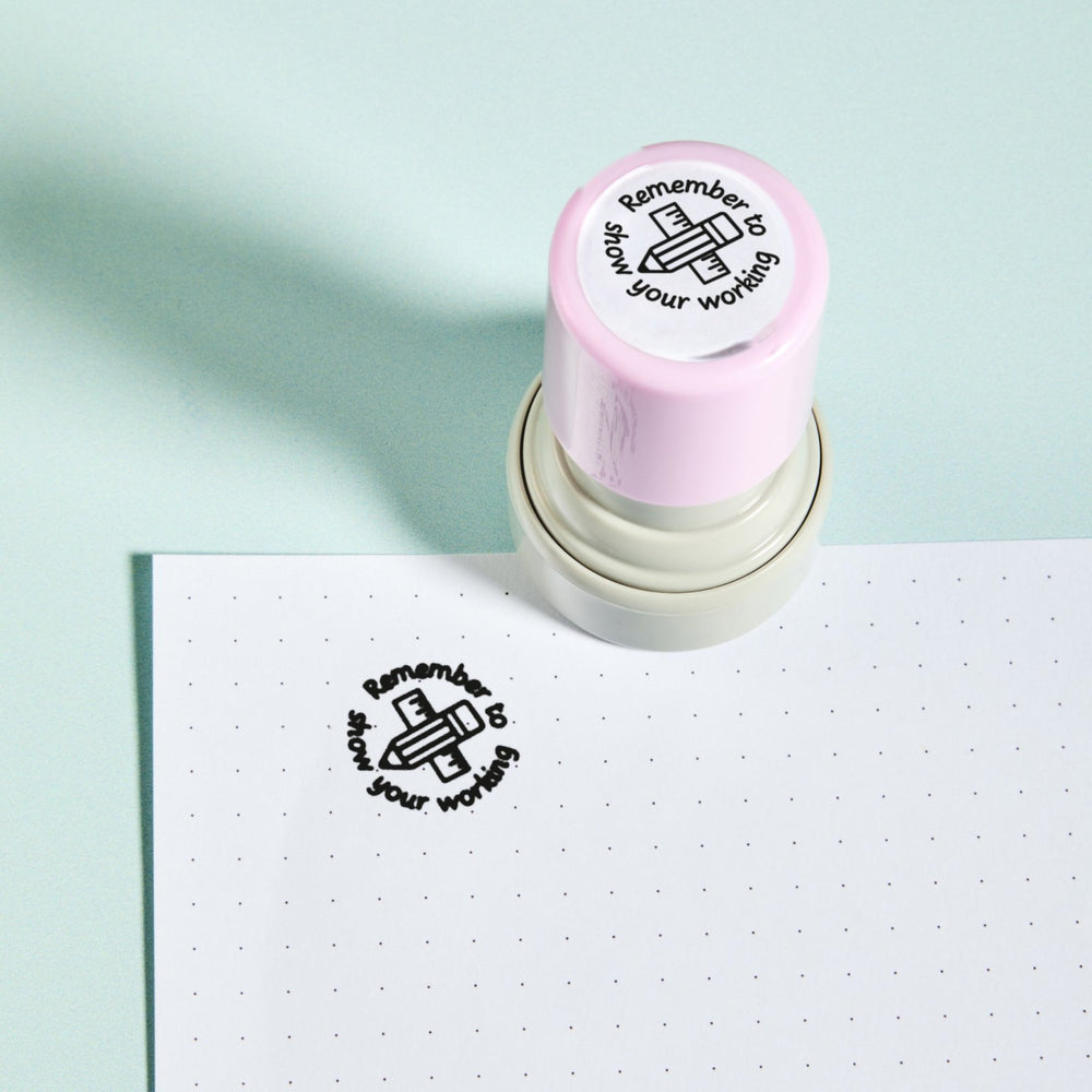 Show Your Working Stamp — the teacher marking stamp shown with its black ink impression on dotted paper. My Teacher Says, handmade in Scotland.