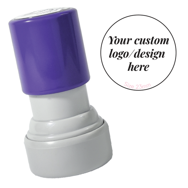 Custom 23mm round stamp shown with the design it prints
