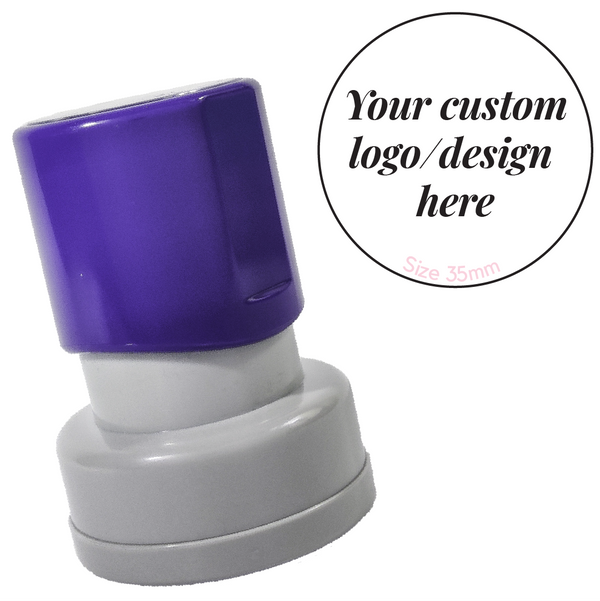 Custom 35mm round stamp shown with the design it prints