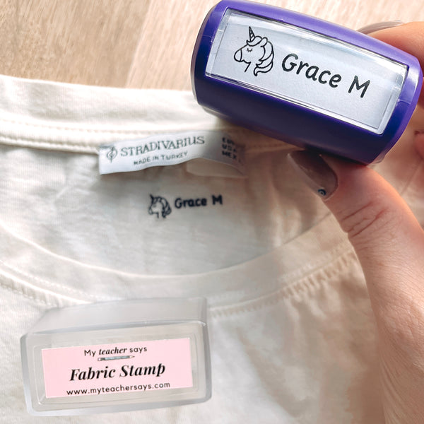 Fabric name stamp shown with the name it prints on school uniform