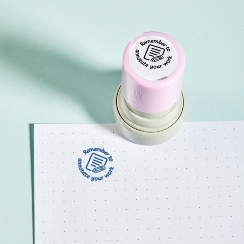Annotate Your Work Stamp - the teacher marking stamp reading 'Remember to annotate your work', shown with its blue ink impression on dotted paper. My Teacher Says, handmade in Scotland.