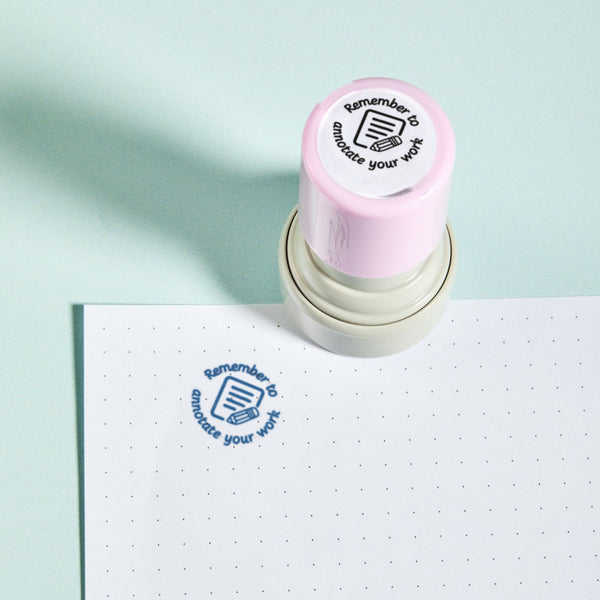 Annotate Your Work Stamp - the teacher marking stamp reading 'Remember to annotate your work', shown with its blue ink impression on dotted paper. My Teacher Says, handmade in Scotland.