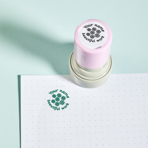 Beautiful Work Stamp — the teacher marking stamp shown with its green ink impression on dotted paper. My Teacher Says, handmade in Scotland.