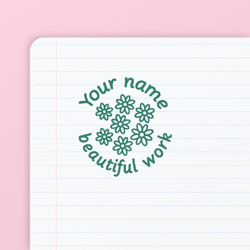 Green ink impression from the Beautiful Work Stamp, on lined paper. My Teacher Says, handmade in Scotland.