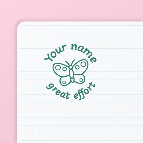 Green ink impression from the Butterfly Stamp, on lined paper. My Teacher Says, handmade in Scotland.