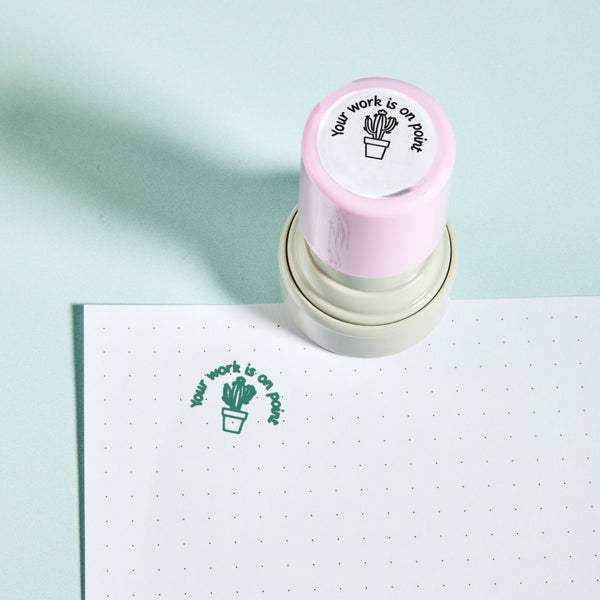 Cactus On Point Stamp — the teacher marking stamp shown with its green ink impression on dotted paper. My Teacher Says, handmade in Scotland.