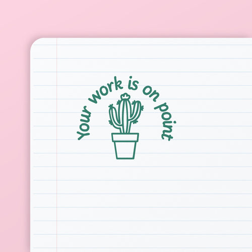 Green ink impression from the Cactus On Point Stamp, on lined paper. My Teacher Says, handmade in Scotland.