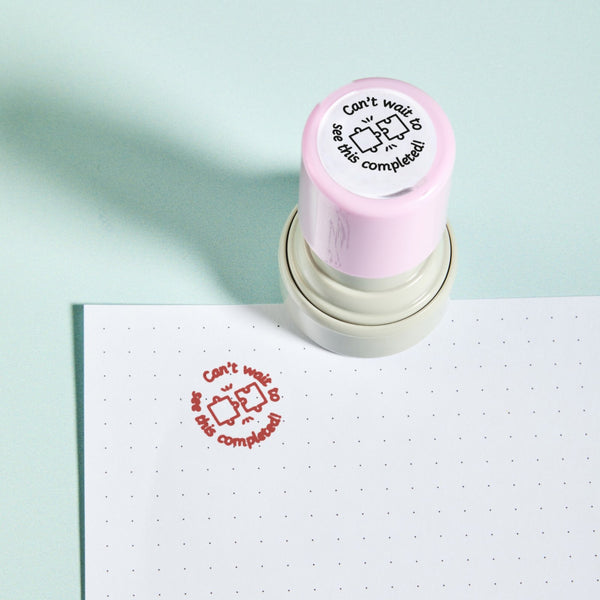 Completed Work Stamp — the teacher marking stamp shown with its red ink impression on dotted paper. My Teacher Says, handmade in Scotland.