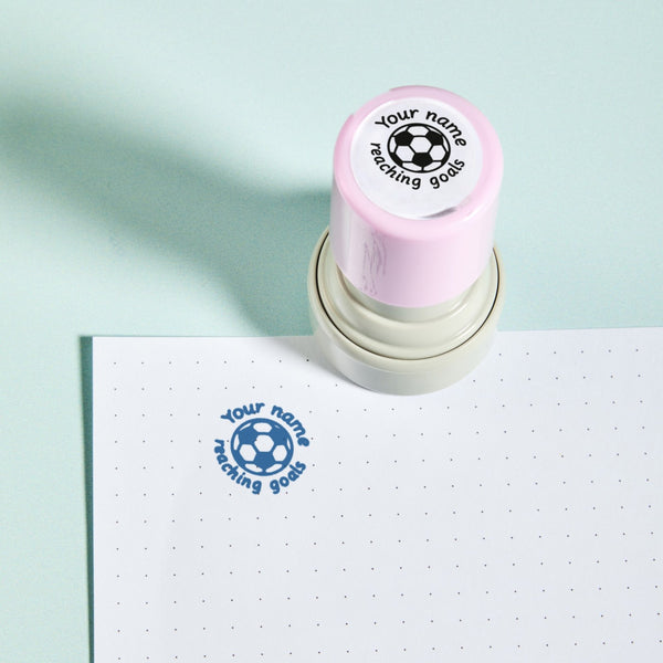 Goals Football Stamp — the teacher marking stamp shown with its blue ink impression on dotted paper. My Teacher Says, handmade in Scotland.