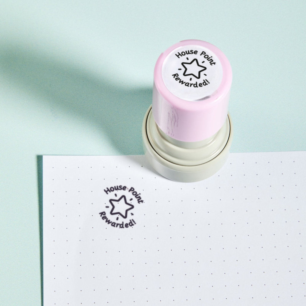 House Point Stamp - the teacher marking stamp reading 'House Point Rewarded!', shown with its purple ink impression on dotted paper. My Teacher Says, handmade in Scotland.