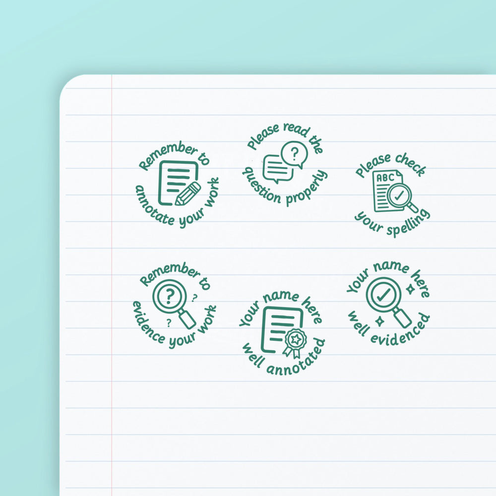 Literacy Analysis Set 3 - the six teacher marking stamps in the set, stamped in green ink on lined paper: annotate your work, read the question, check your spelling, evidence your work, well annotated and well evidenced. My Teacher Says, handmade in Scotland.