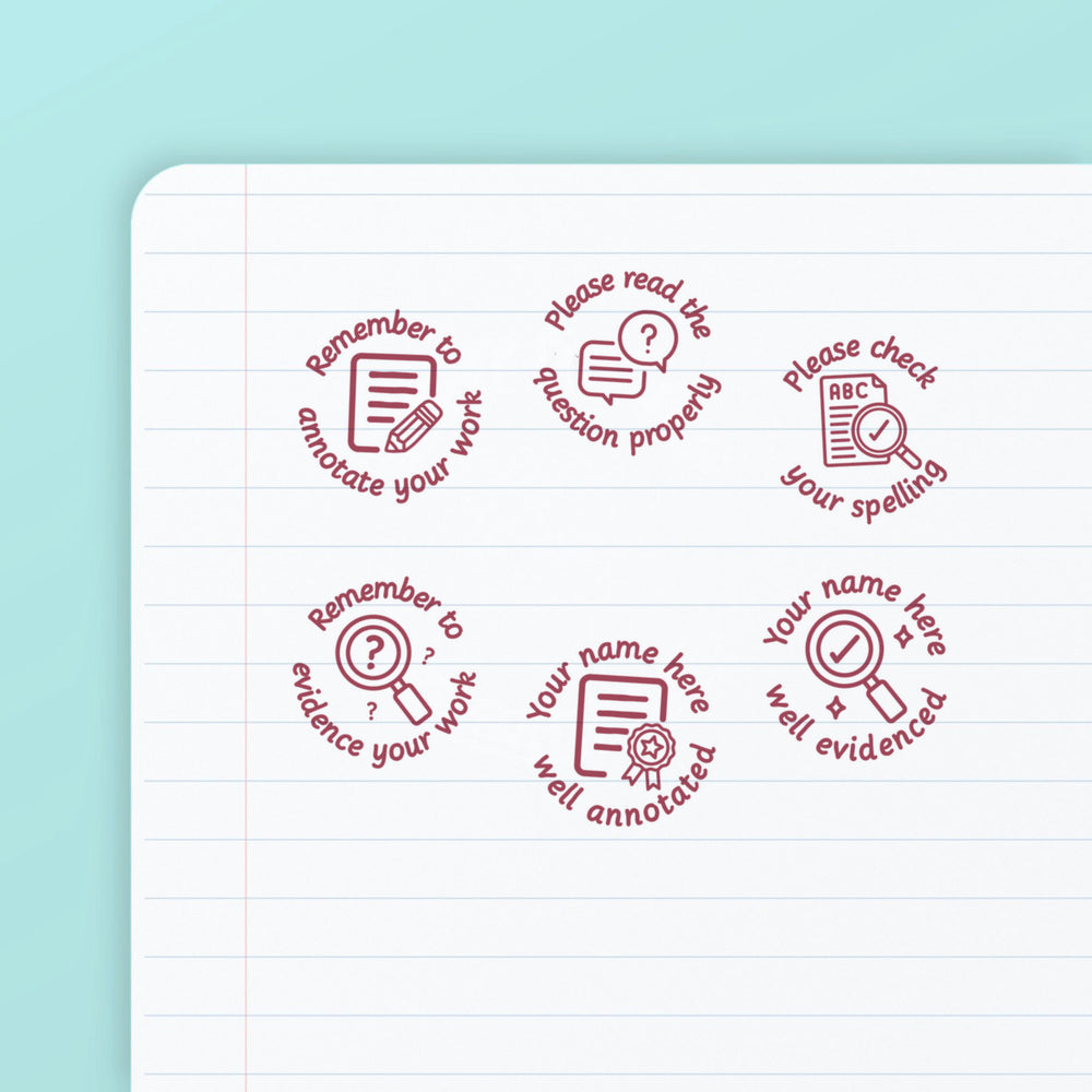Literacy Analysis Set 3 - the six teacher marking stamps in the set, stamped in pink ink on lined paper: annotate your work, read the question, check your spelling, evidence your work, well annotated and well evidenced. My Teacher Says, handmade in Scotland.