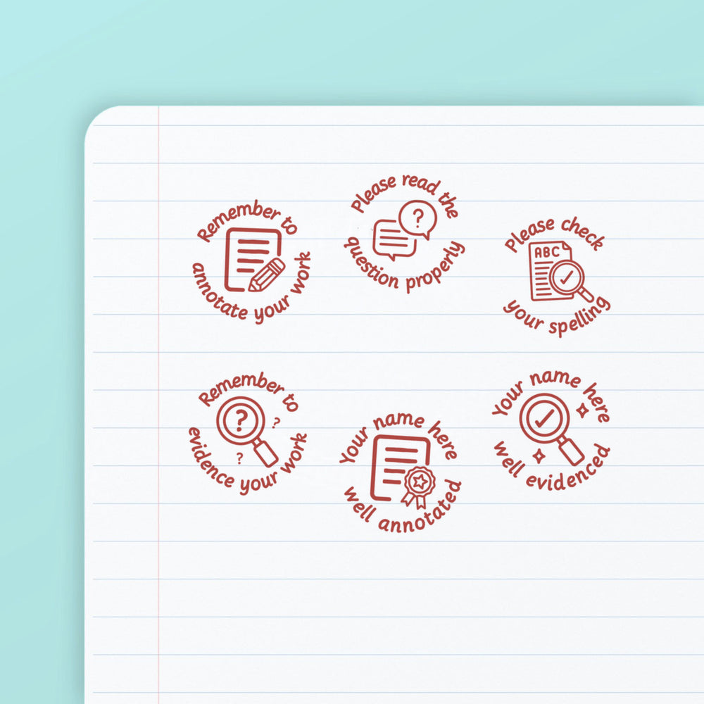 Literacy Analysis Set 3 - the six teacher marking stamps in the set, stamped in red ink on lined paper: annotate your work, read the question, check your spelling, evidence your work, well annotated and well evidenced. My Teacher Says, handmade in Scotland.