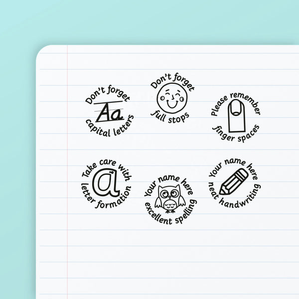 Literacy Set 3 - the six teacher marking stamps in the set, stamped in black ink on lined paper: capital letters, full stops, finger spaces, letter formation, excellent spelling and neat handwriting. My Teacher Says, handmade in Scotland.