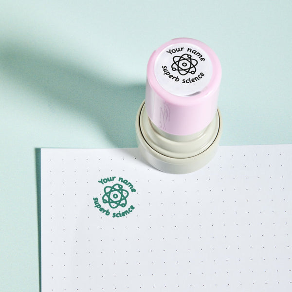 Superb Science Stamp — the teacher marking stamp shown with its green ink impression on dotted paper. My Teacher Says, handmade in Scotland.