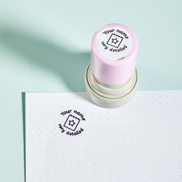 Very Detailed Work Stamp — the teacher marking stamp shown with its purple ink impression on dotted paper. My Teacher Says, handmade in Scotland.
